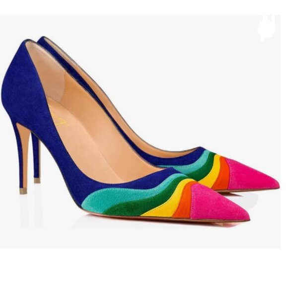 FOWT Rainbow High Heel Pointed Toe Pump Slip-on Rainbow Shoes for Dress Ladies - Picture 1 of 8